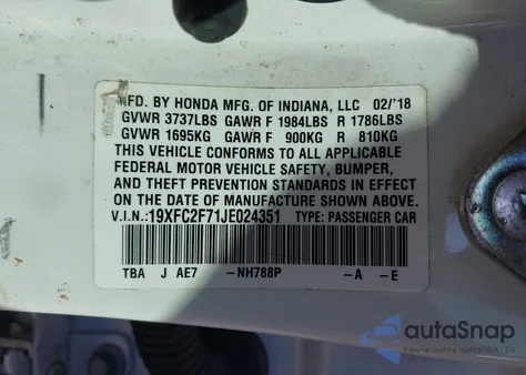 2018 Honda Civic Ex from USA, damaged, VIN 19XFC2F71JE024351